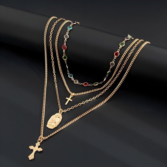 Gold Layered Cross Necklaces Set for Women Dainty Vintage Virgin Mary Jewelry - Picture 5 of 8